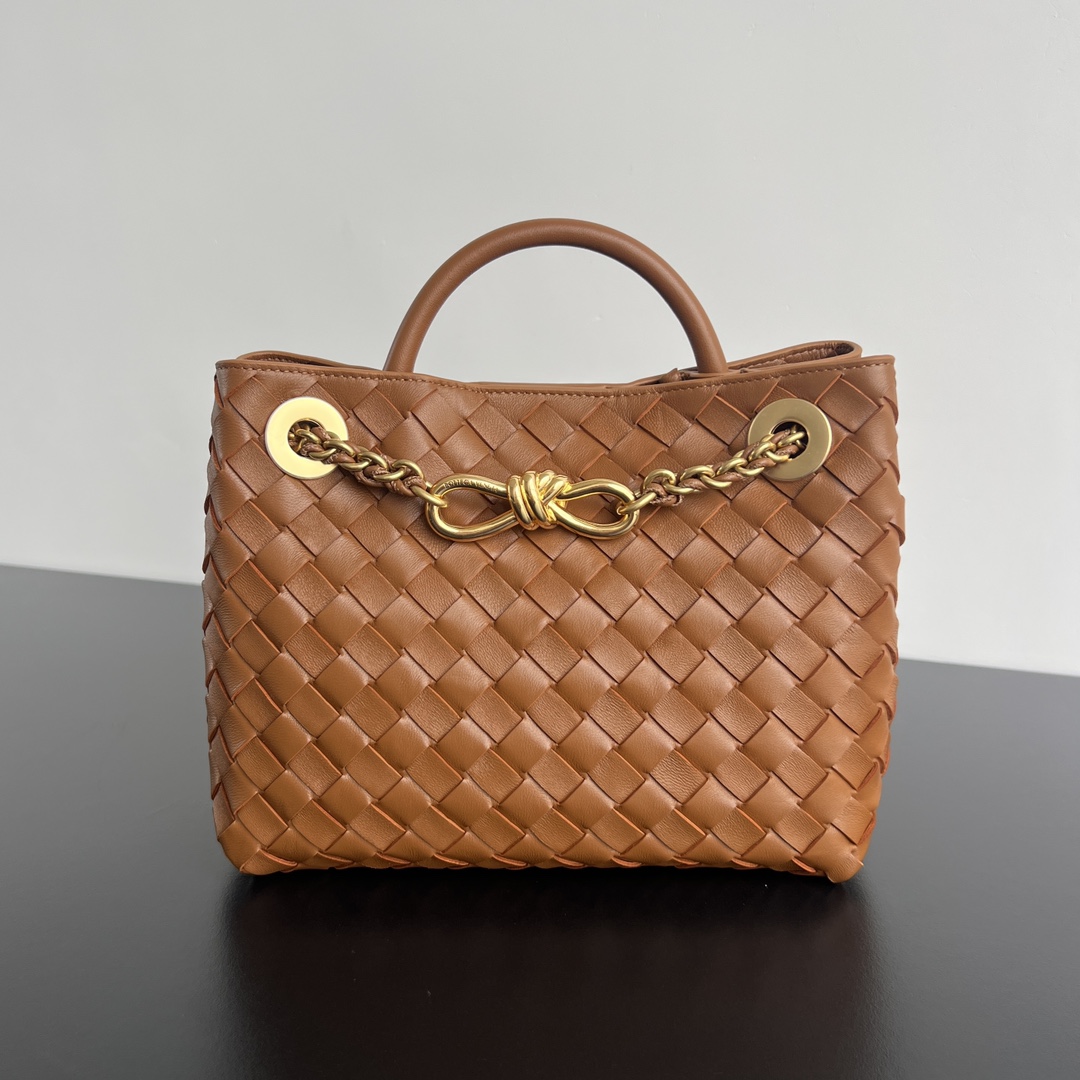 Small Andiamo Intrecciato Leather Top Handle Bag Caramel